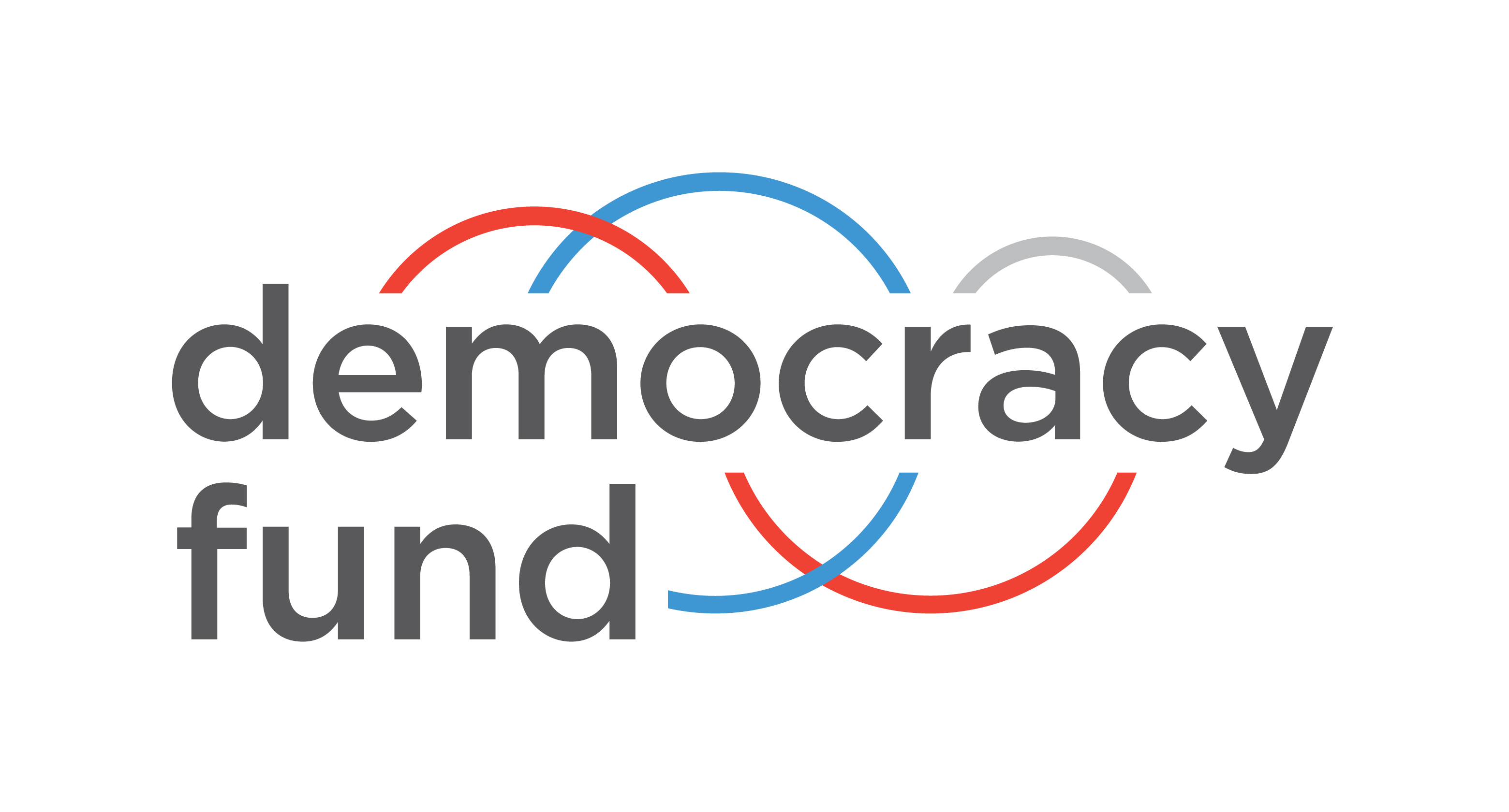 democracy fund text with red, blue and white squiggles around it