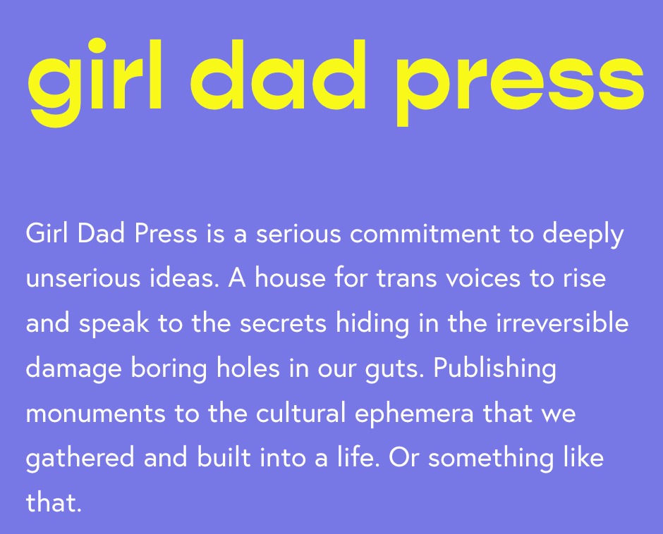 Graphic with headline "girl dad press" in yellow lettering on purple background, accompanied by body text in white.