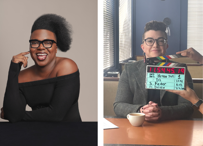 A photo collage of two smiling nonbinary people, Tre'vell Anderson (left) and Kae Petrin (right)