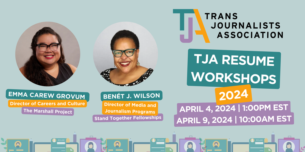 Event image for TJA Resume Workshops series in April, with Emma Carew Grovum  and Benet J Wilson